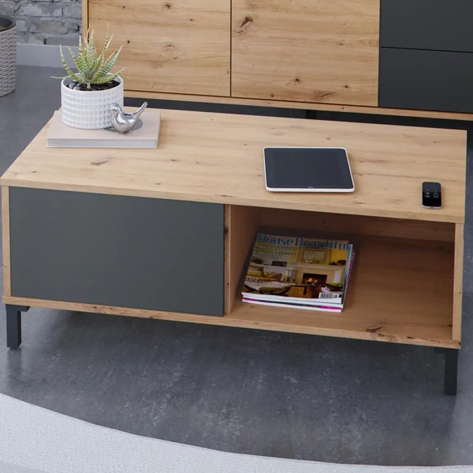 Tavolino da salotto moderno design 100x50cm rovere nodato antracite Rory