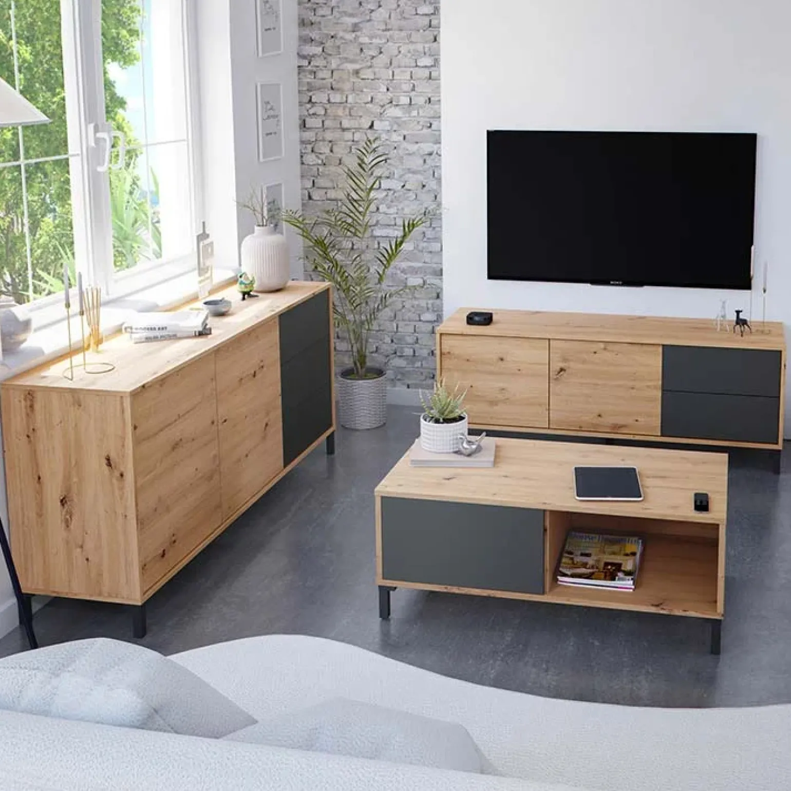 Tavolino da salotto moderno design 100x50cm rovere nodato antracite Rory