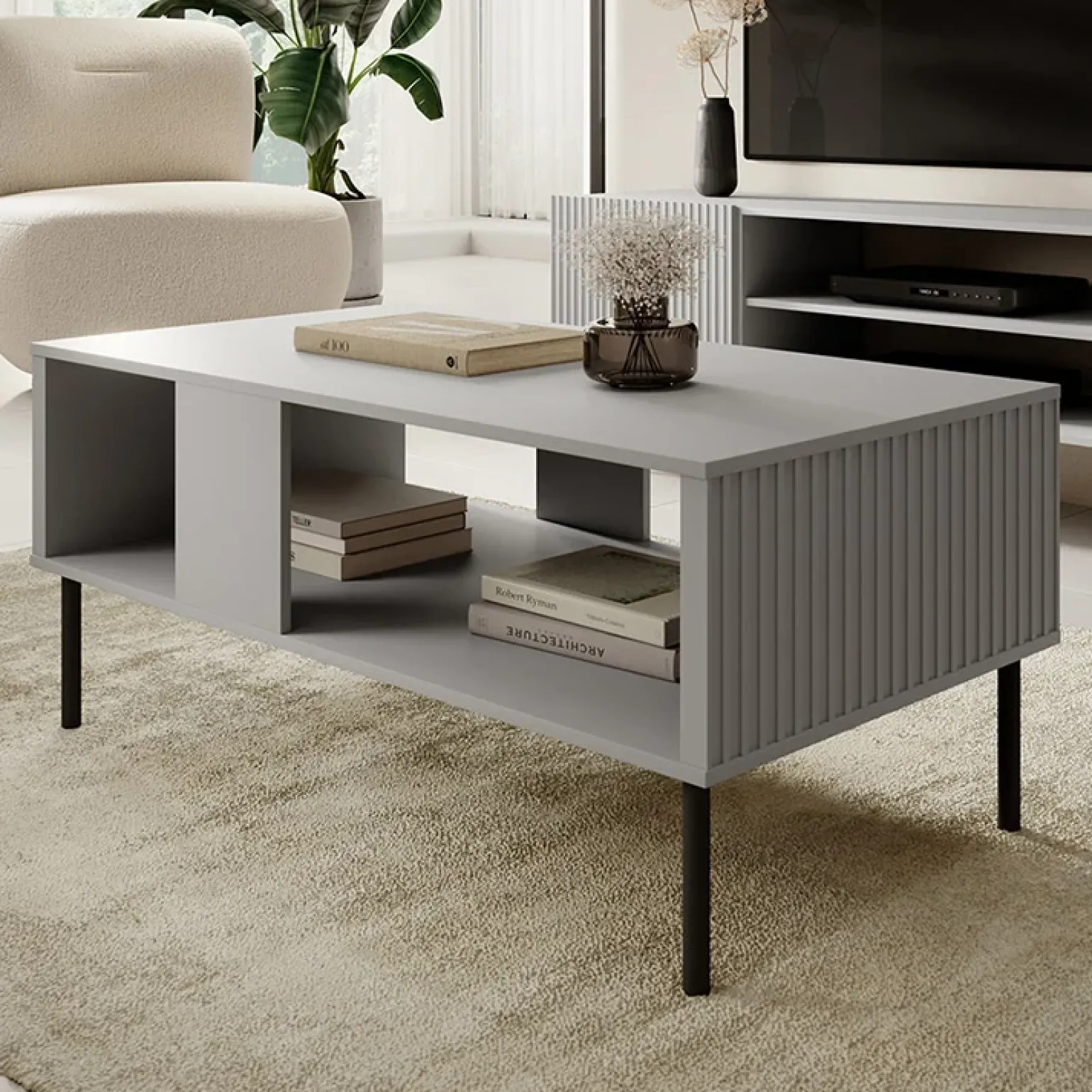 Tavolino da salotto moderno 110x48cm grigio chiaro nero Cadice