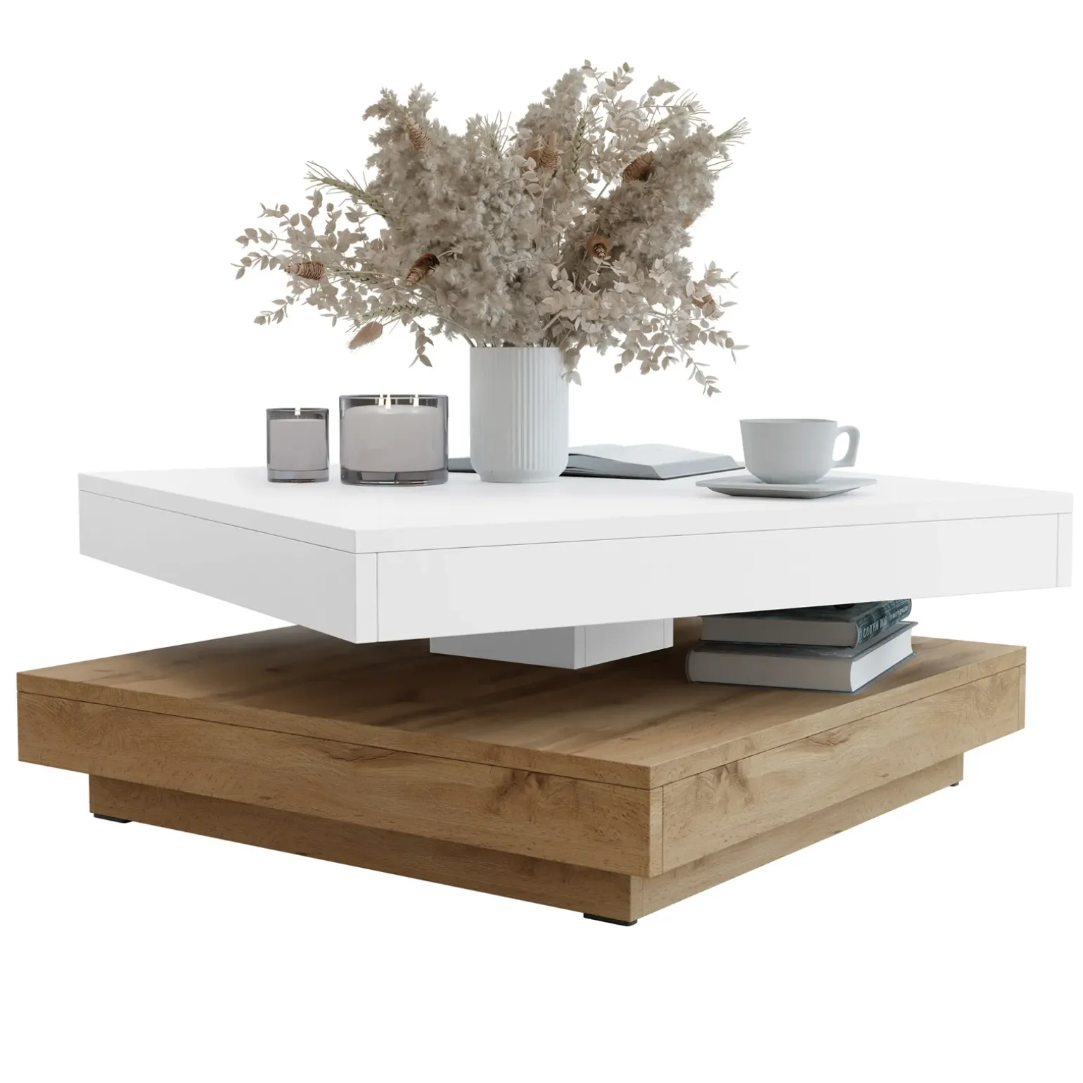 Tavolino da salotto quadrato 70x70cm rotante rovere bianco Rotol