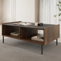 Tavolino da salotto 97x60 cm 2 vani a giorno piano effetto marmo nero noce Caliva