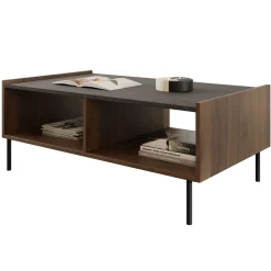 Tavolino da salotto 97x60 cm 2 vani a giorno piano effetto marmo nero noce Caliva