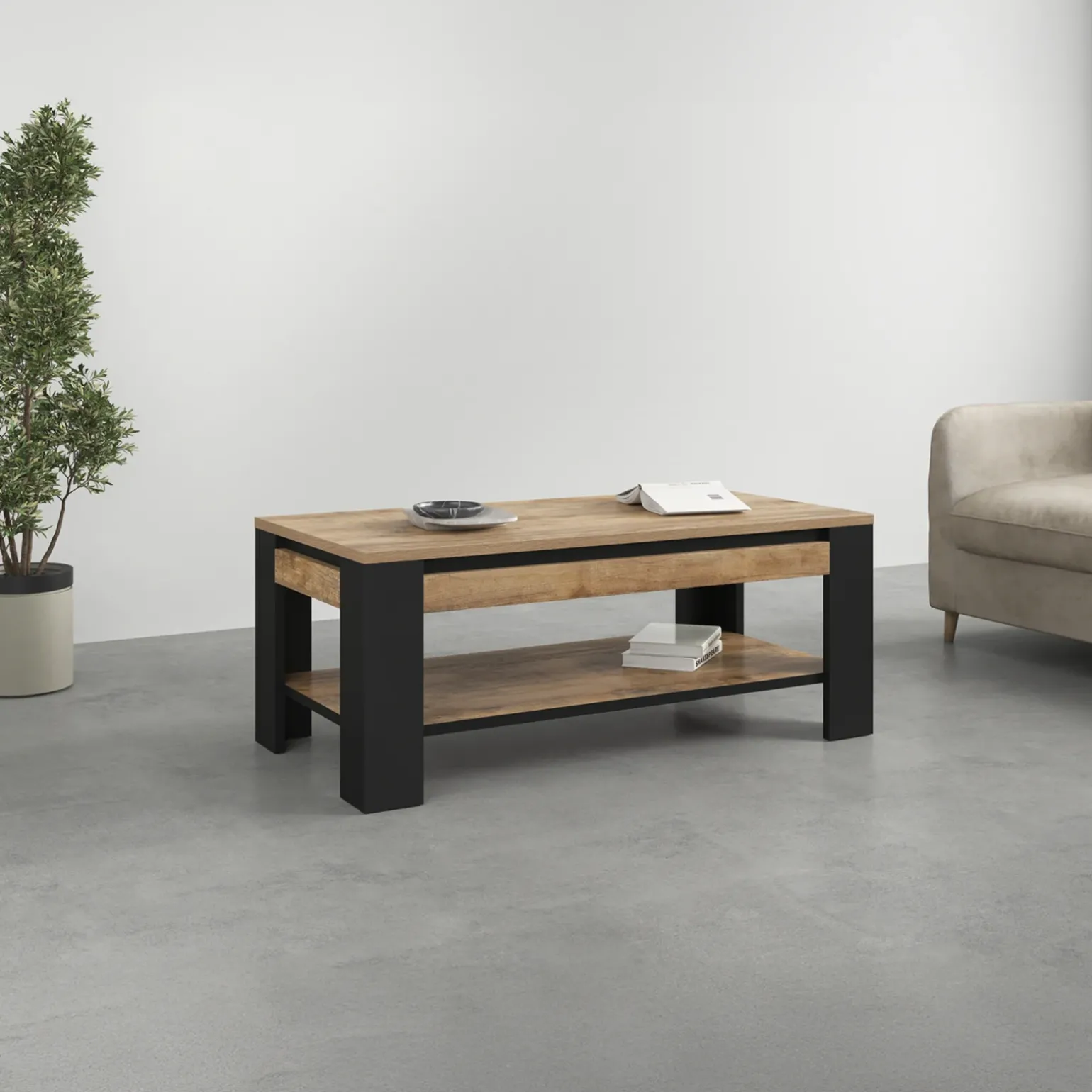 Tavolino da salotto 120x60 cm moderno rovere rustico nero Ilyssa