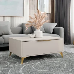 Tavolino da salotto 104x45cm 2 cassetti a frontale unico beige Miriam