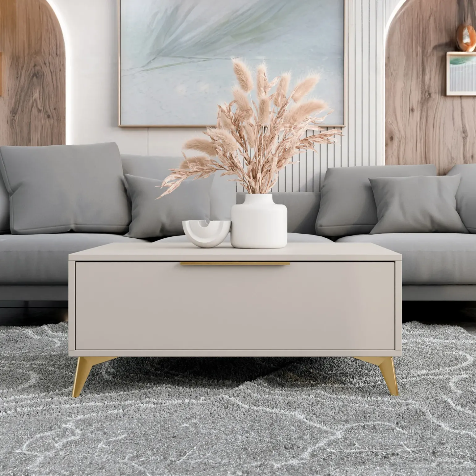 Tavolino da salotto 104x45cm 2 cassetti a frontale unico beige Miriam