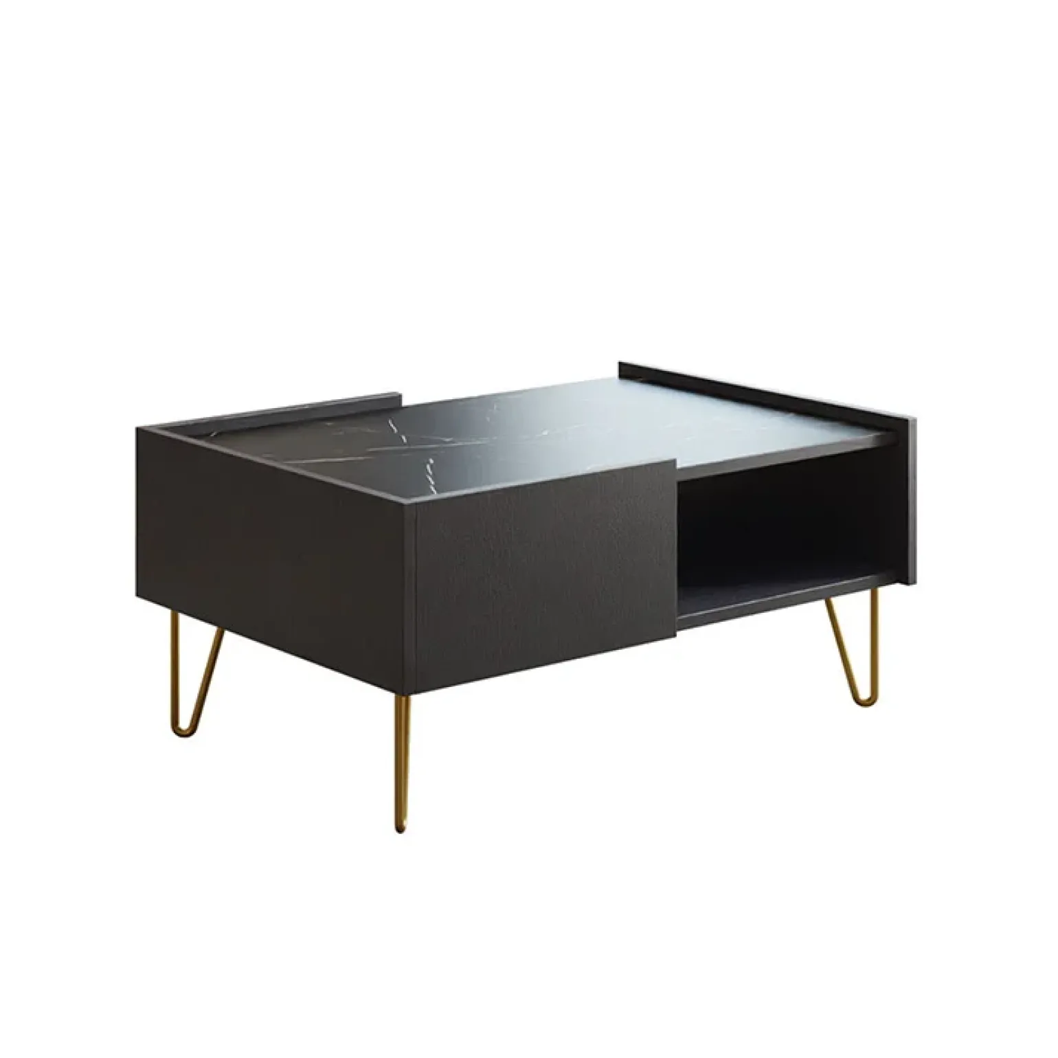 Tavolino da salotto 97x45cm 2 cassetti 1 vano a giorno grafite marmo nero Visby