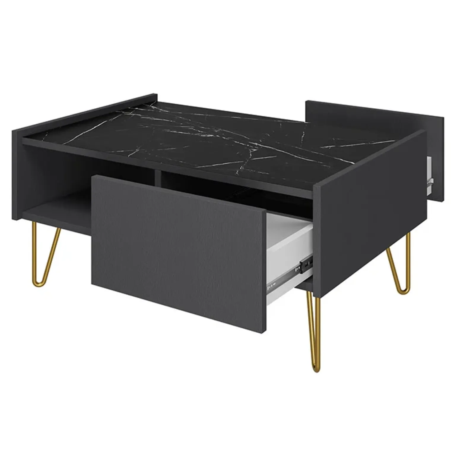 Tavolino da salotto 97x45cm 2 cassetti 1 vano a giorno grafite marmo nero Visby