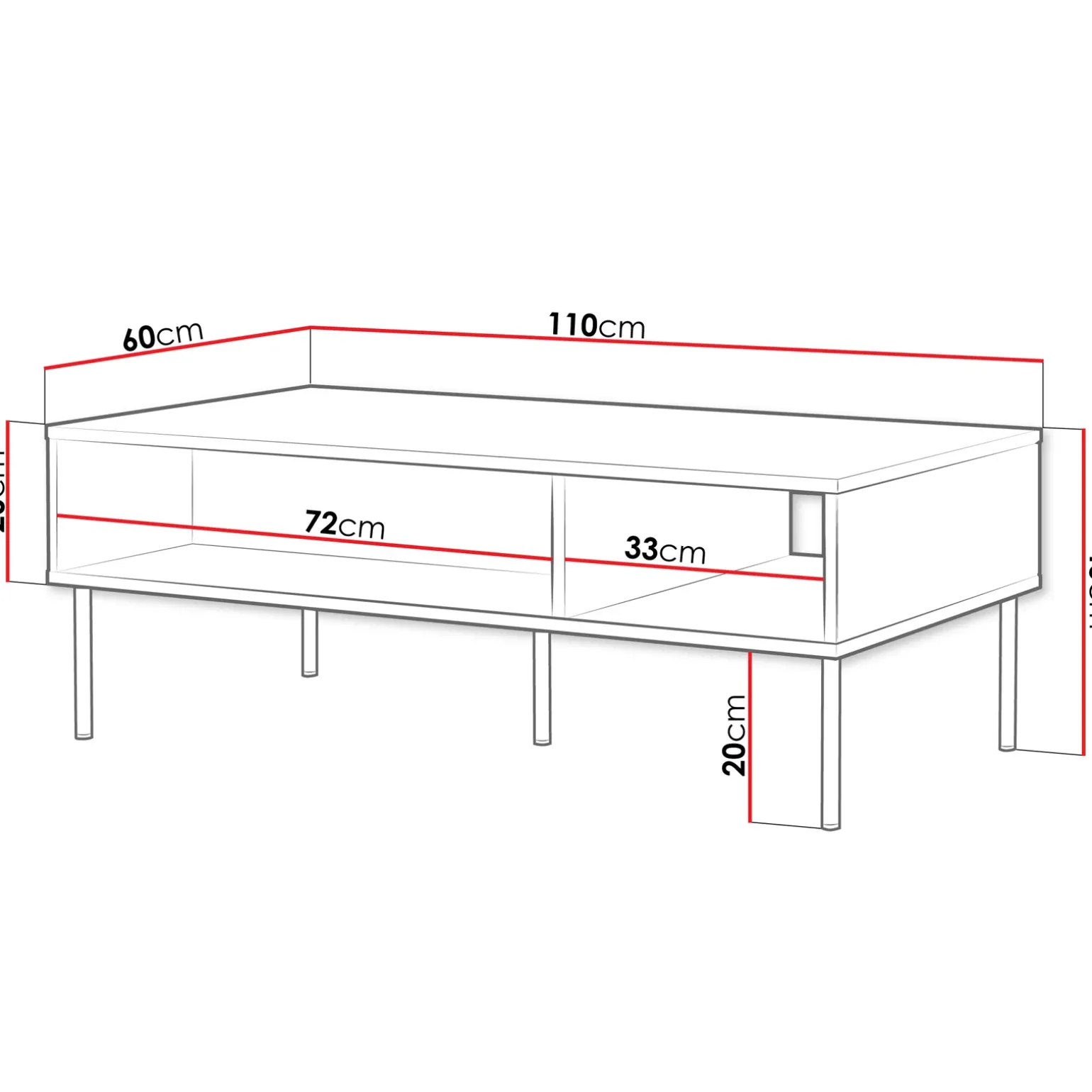 Tavolino da salotto 110x40cm 2 vani nero opaco Stark