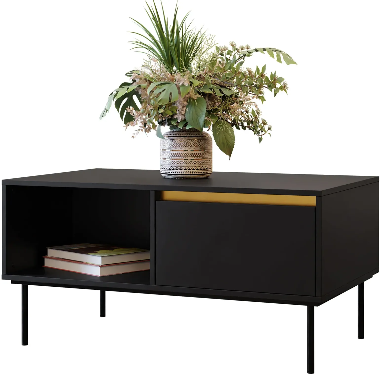 Tavolino da salotto 100x50cm 1 anta nero oro Praga