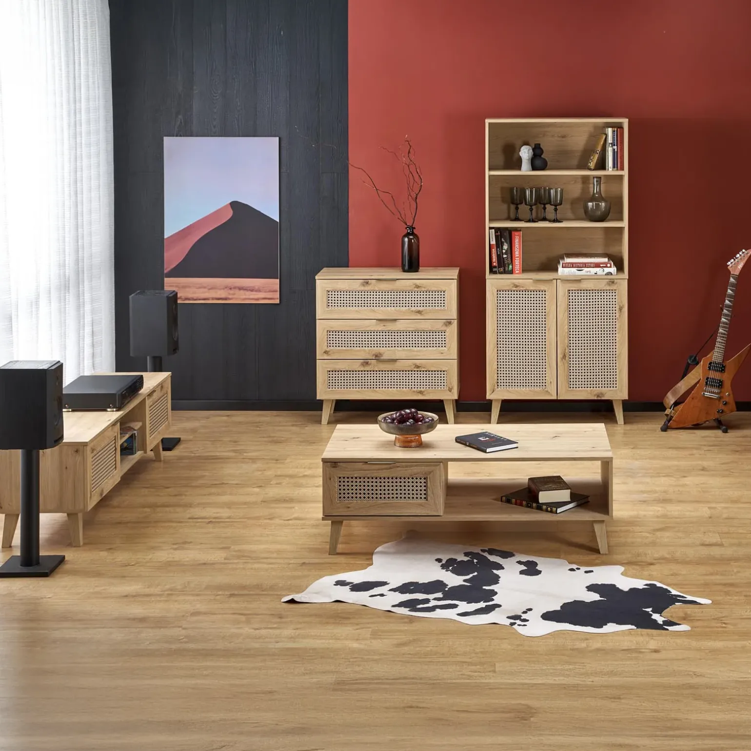 Tavolino da salotto 120x41cm 1 cassetto 1 vano a giorno moderno rovere Sombra