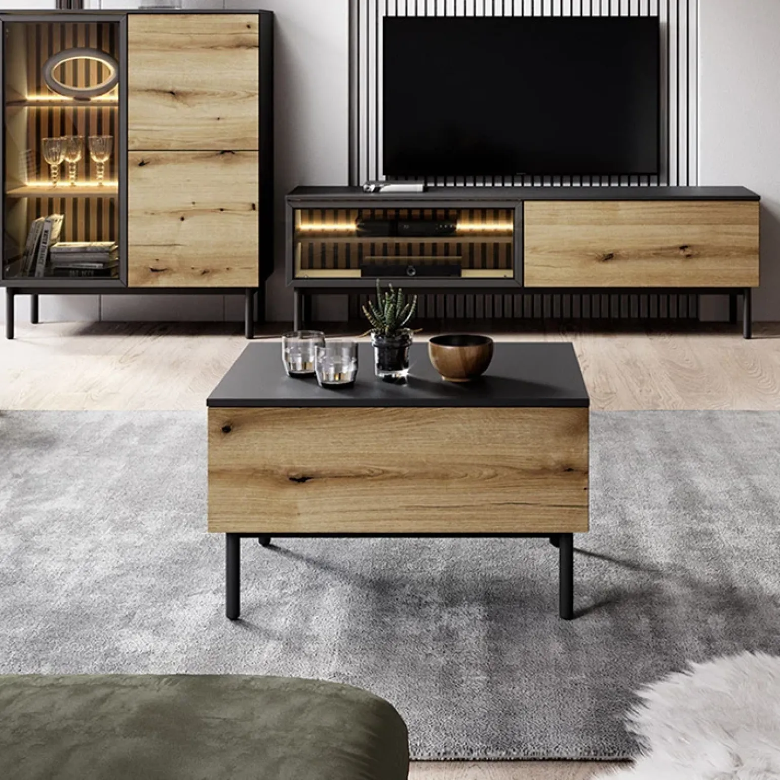 Tavolino da salotto 80x49cm 1 cassetto nero opaco rovere Amel