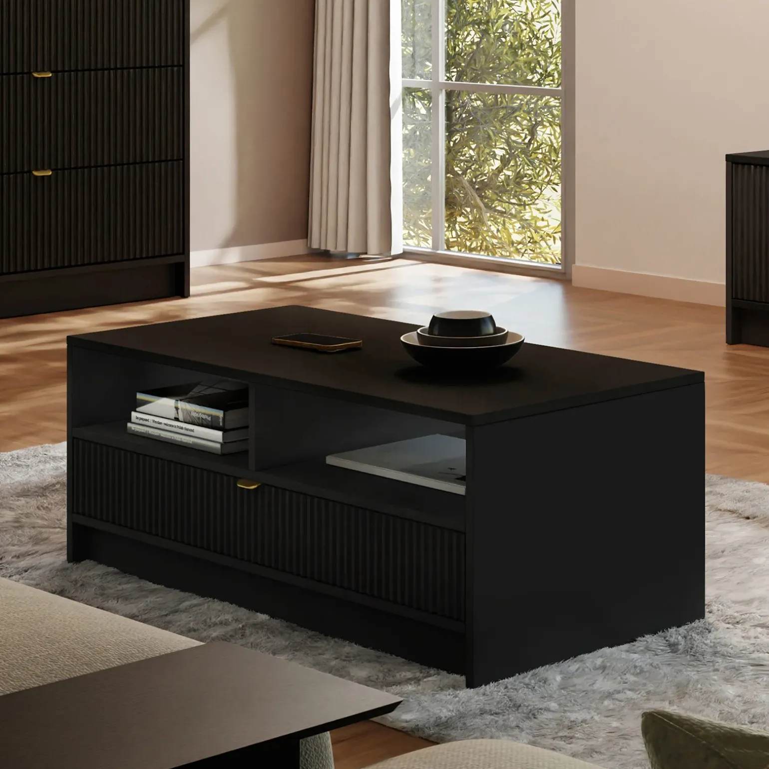 Tavolino da salotto 100x50cm con cassetto cannettato nero Athena