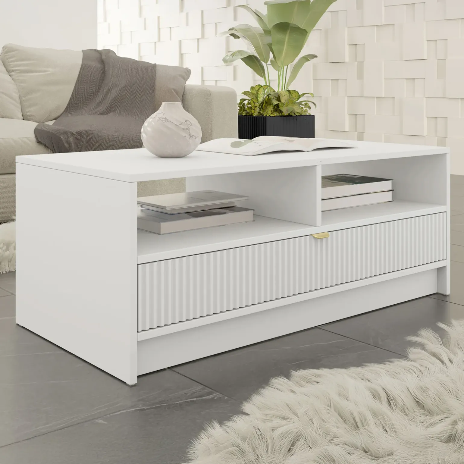 Tavolino da salotto 100x50cm con cassetto cannettato bianco Athena