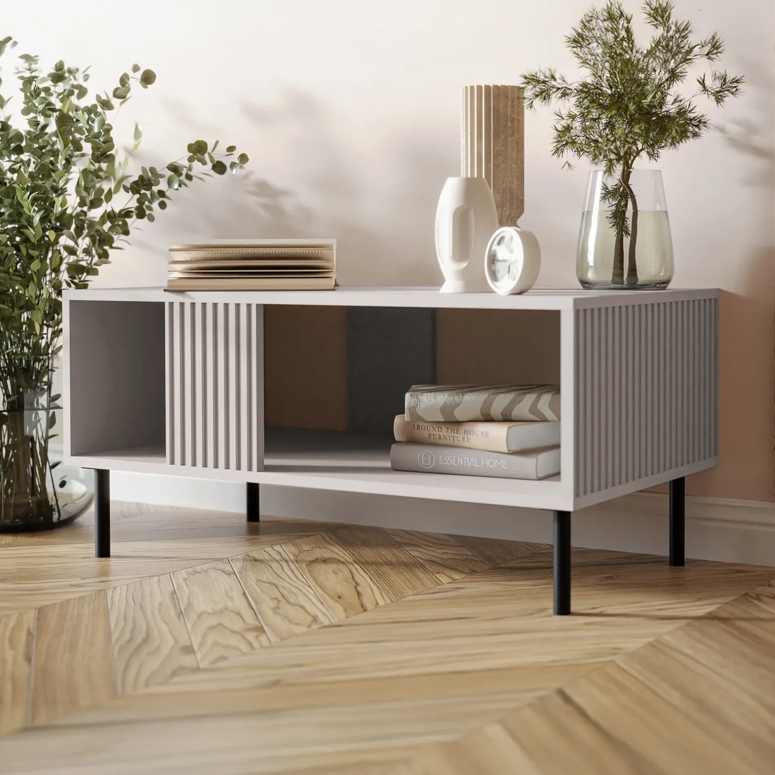 Tavolino da salotto 92x44cm con frontali cannettati beige Ziggy