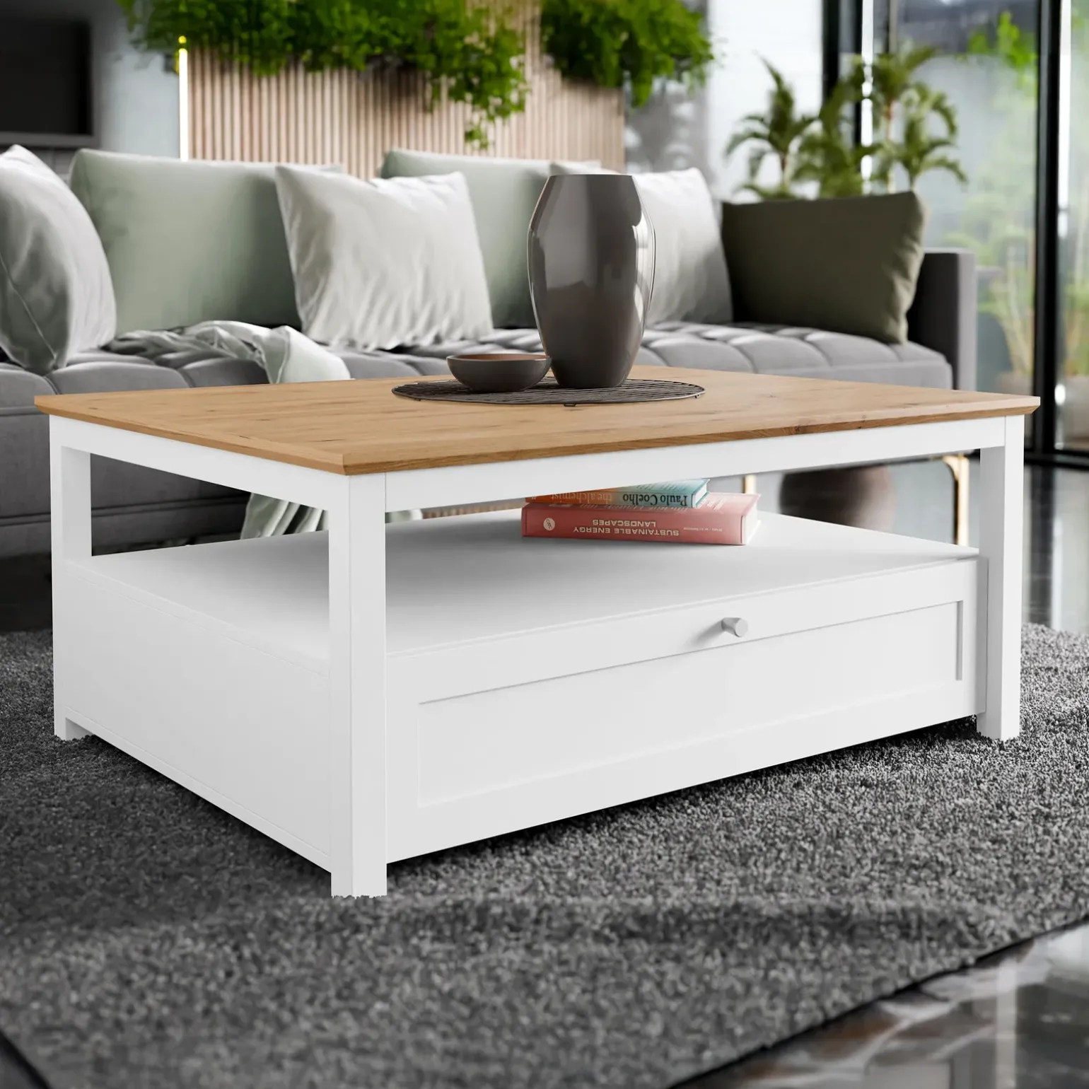 Tavolino da salotto 104x80cm con cassetto bianco rovere Relaxio