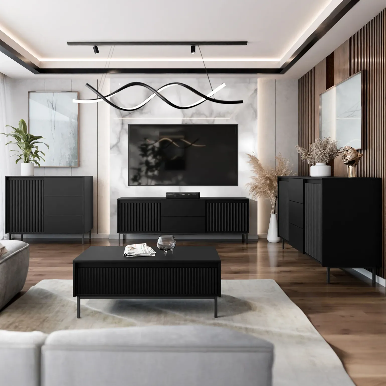 Tavolino da salotto 100x50cm design cannettato nero Strike