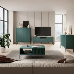 Tavolino da salotto 104x46cm moderno con cassetto cannettato verde Alisa