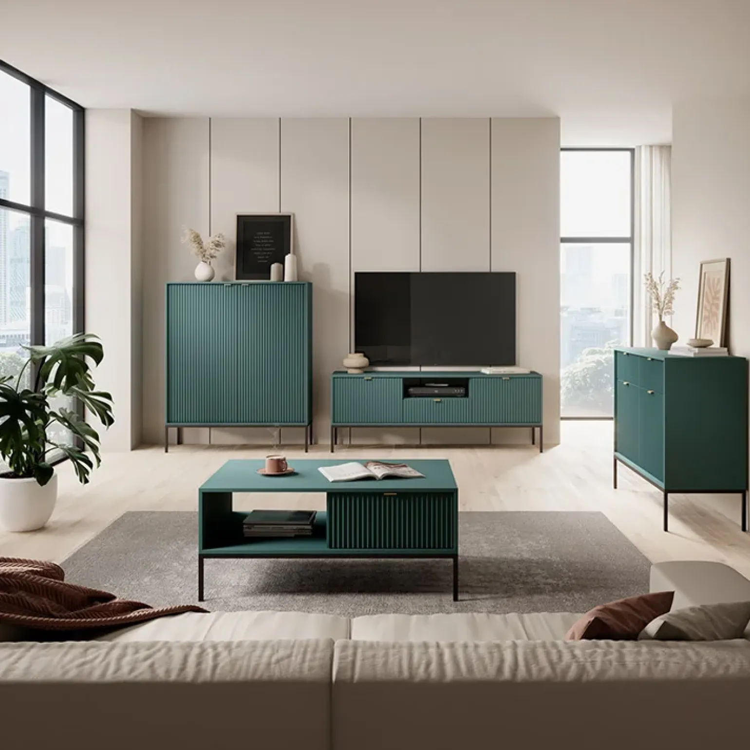 Tavolino da salotto 104x46cm moderno con cassetto cannettato verde Alisa
