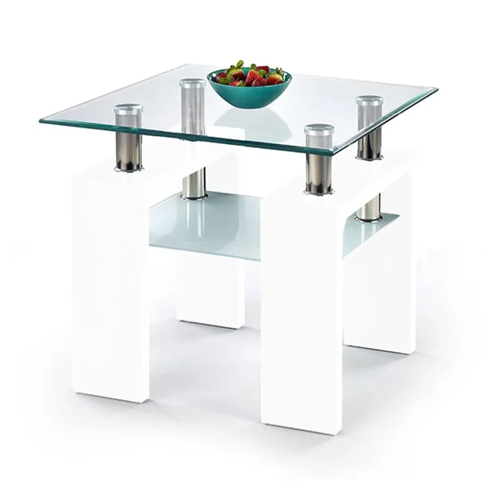 Tavolino 60x60cm con ripiano in vetro bianco acciaio Herman