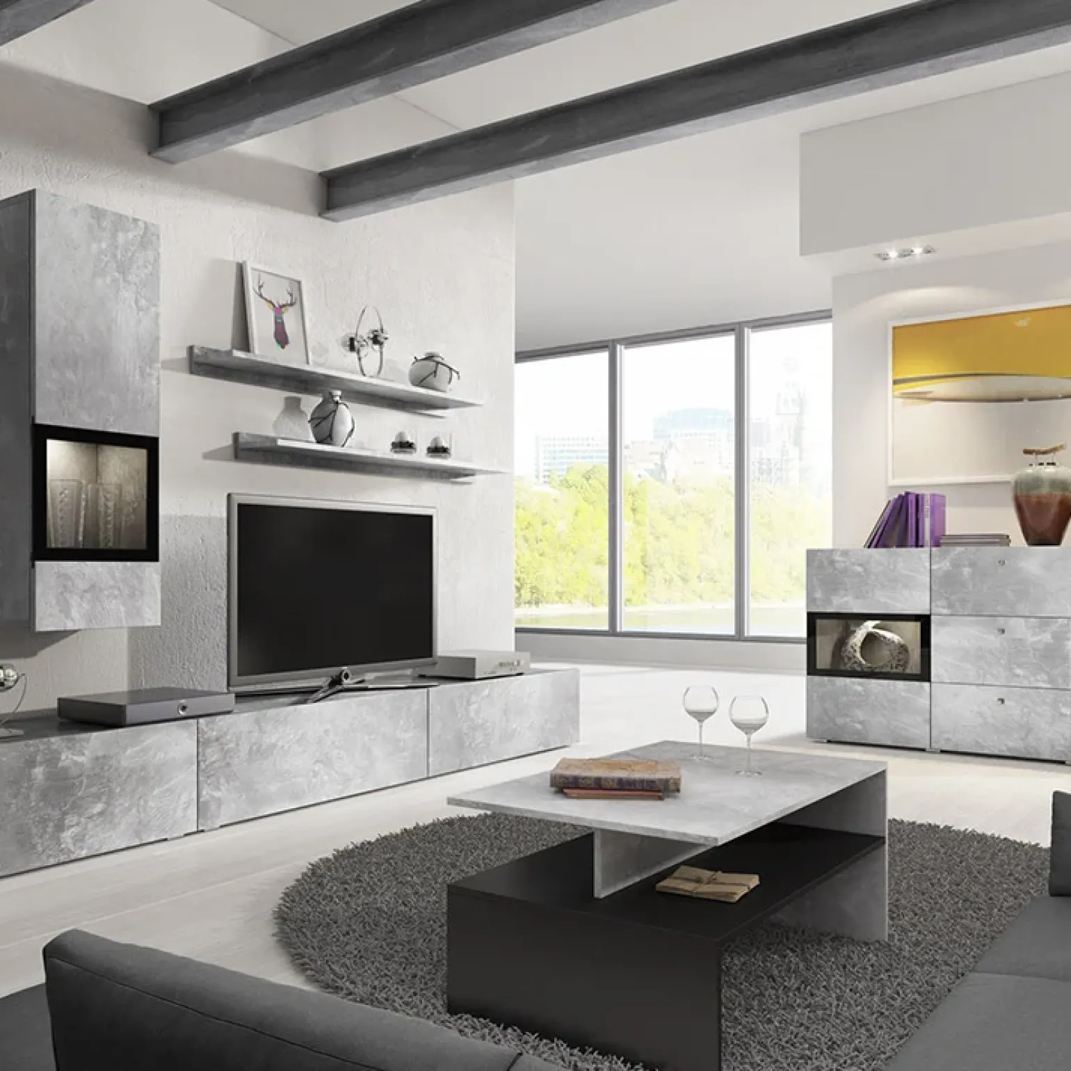 Tavolino 100x45cm da salotto design cemento e nero Emotion Gihome®