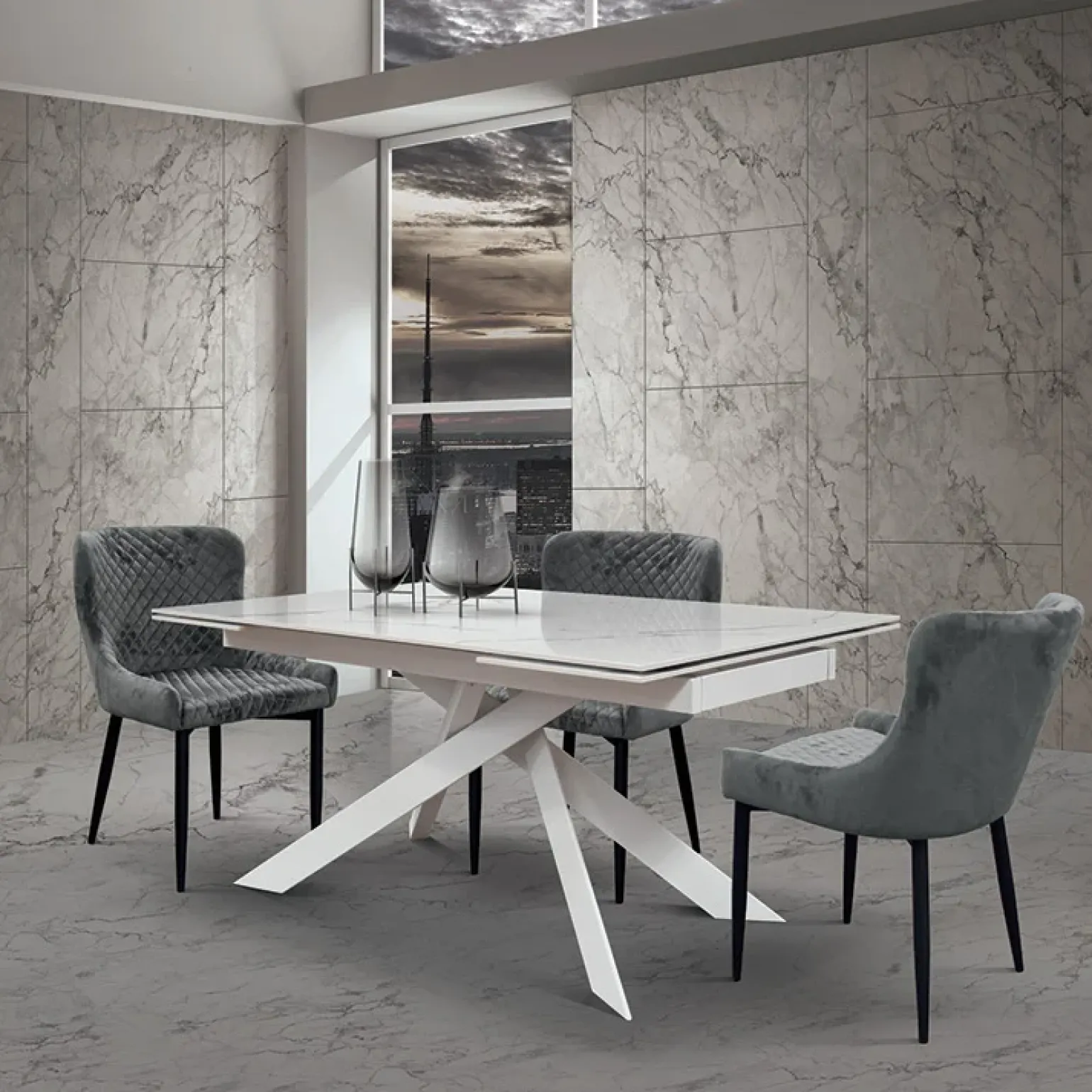 Tavolo 160/240 allungabile effetto marmo bianco bronzo metallo bianco Filly