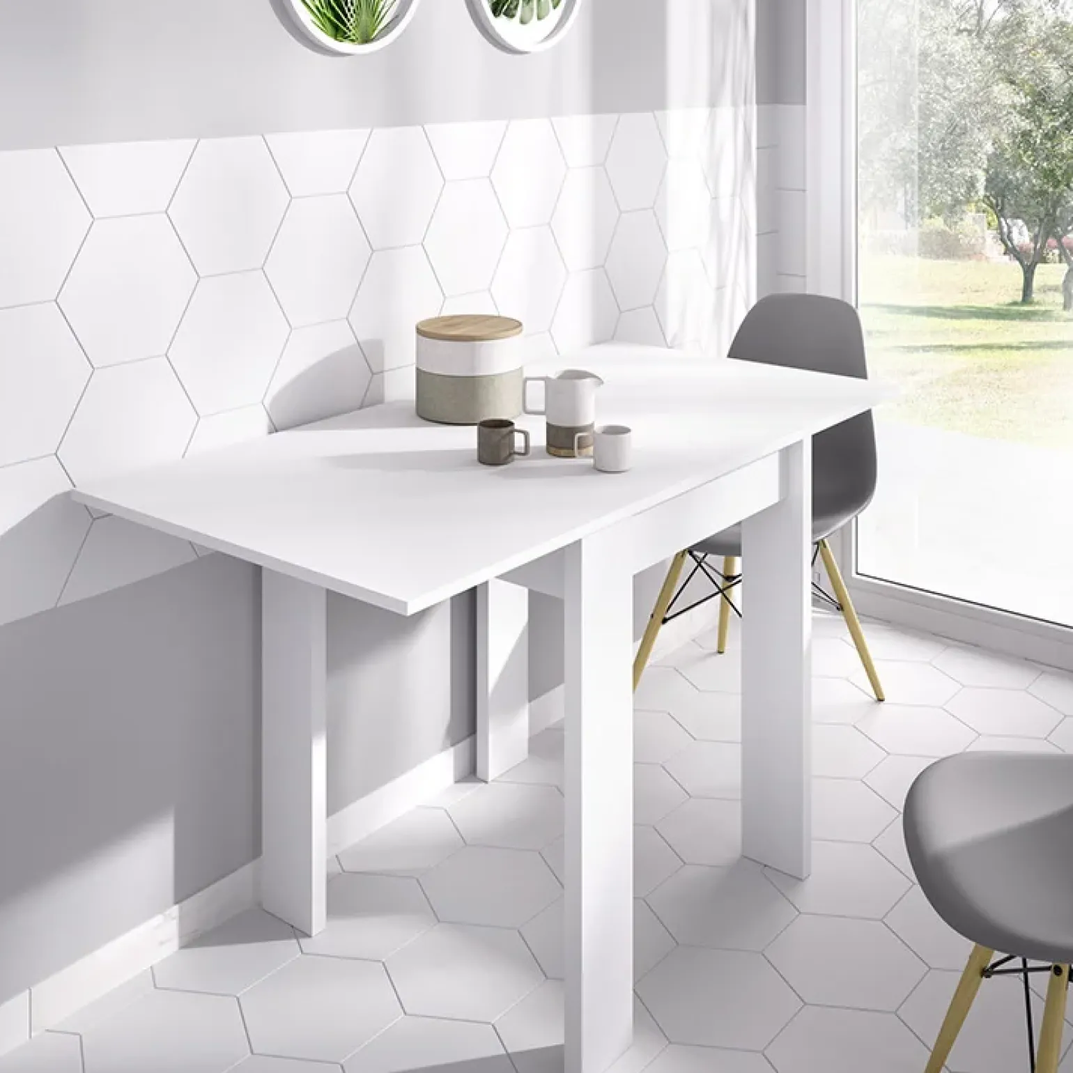 Tavolo da cucina allungabile 67-134x67cm in legno bianco Koke
