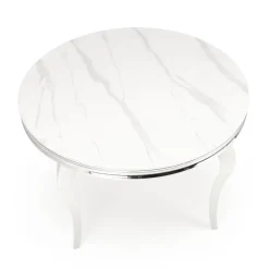 Tavolo da pranzo rotondo 120cm effetto marmo bianco cromato argento Selim