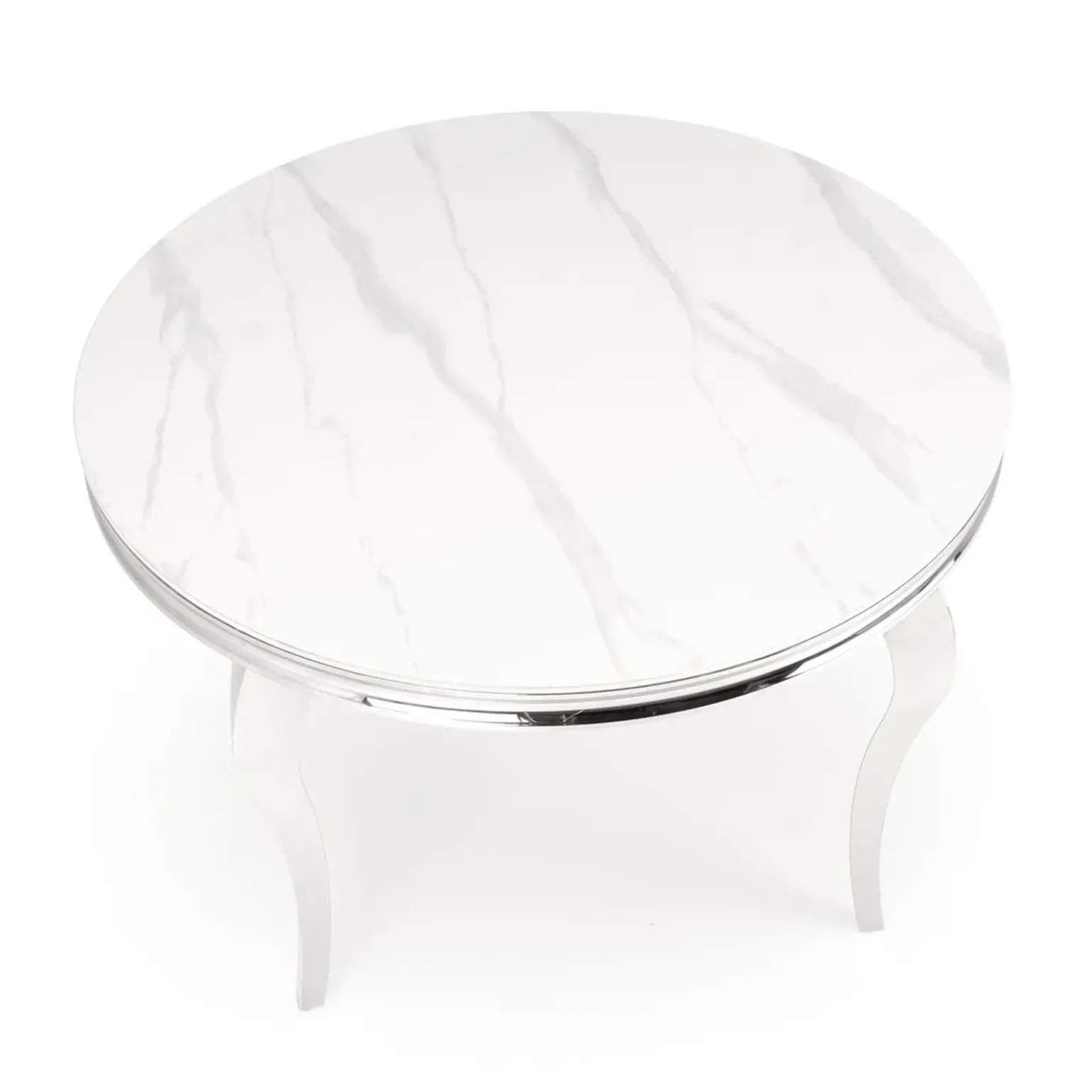 Tavolo da pranzo rotondo 120cm effetto marmo bianco cromato argento Selim