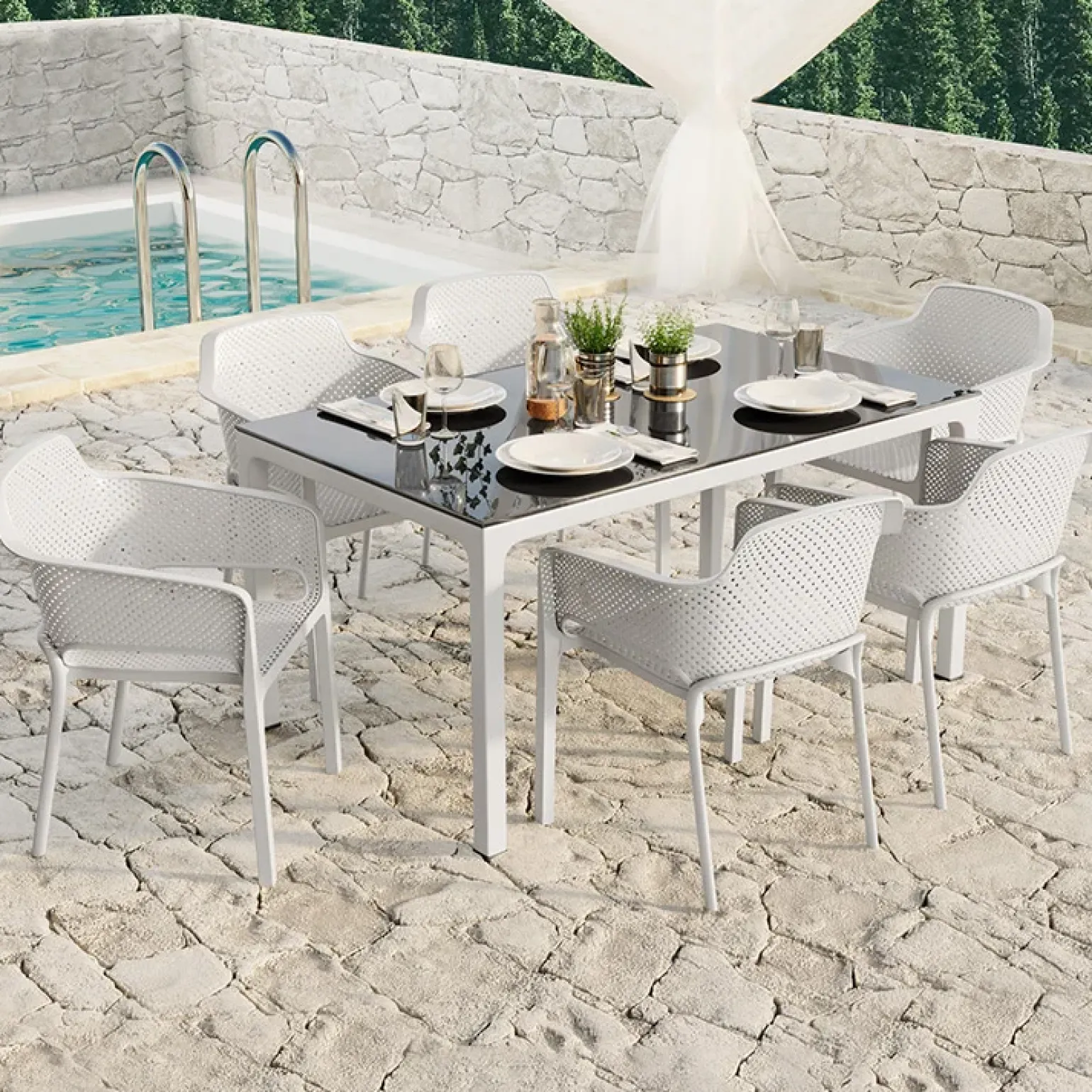 Tavolo moderno da giardino esterno bar dehors con vetro 150x90cm bianco Teodoro