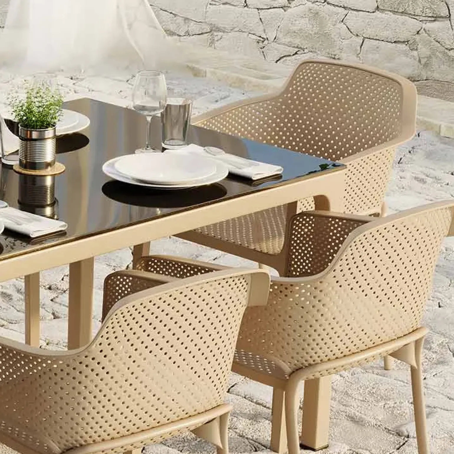 Tavolo moderno da giardino esterno bar dehors con vetro 90x90cm tortora Cesare