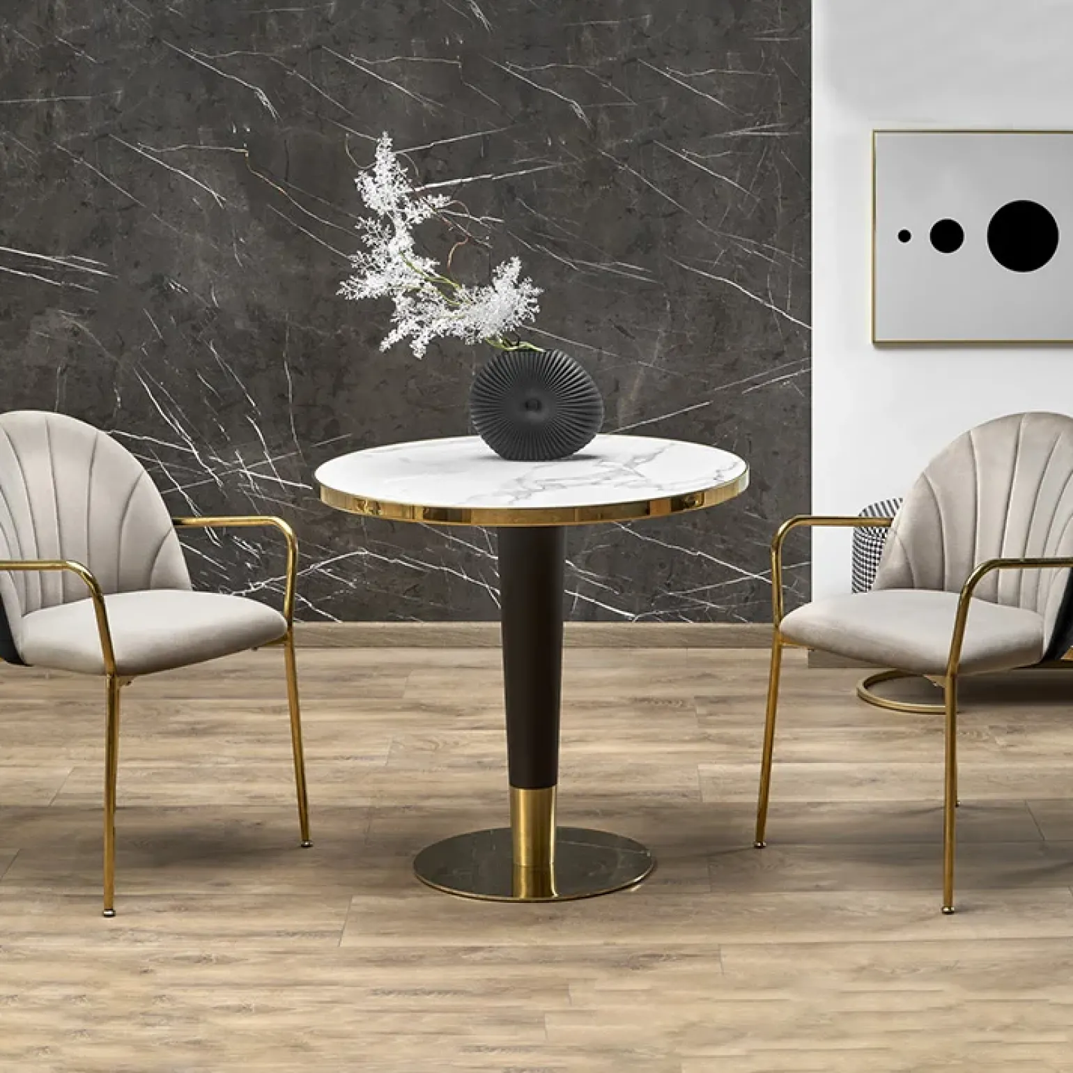 Tavolo rotondo moderno 79x74cm marmo bianco nero oro Barbera