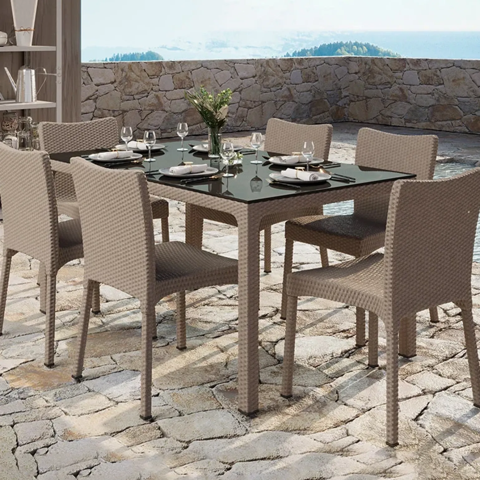 Tavolo 150x90cm da giardino esterno bar dehors polipropilene effetto rattan tortora e vetro Ezio
