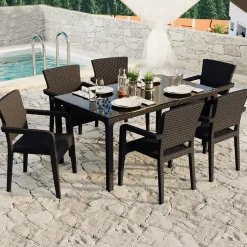 Tavolo 150x90cm da giardino esterno bar dehors polipropilene effetto rattan marrone e vetro Ezio