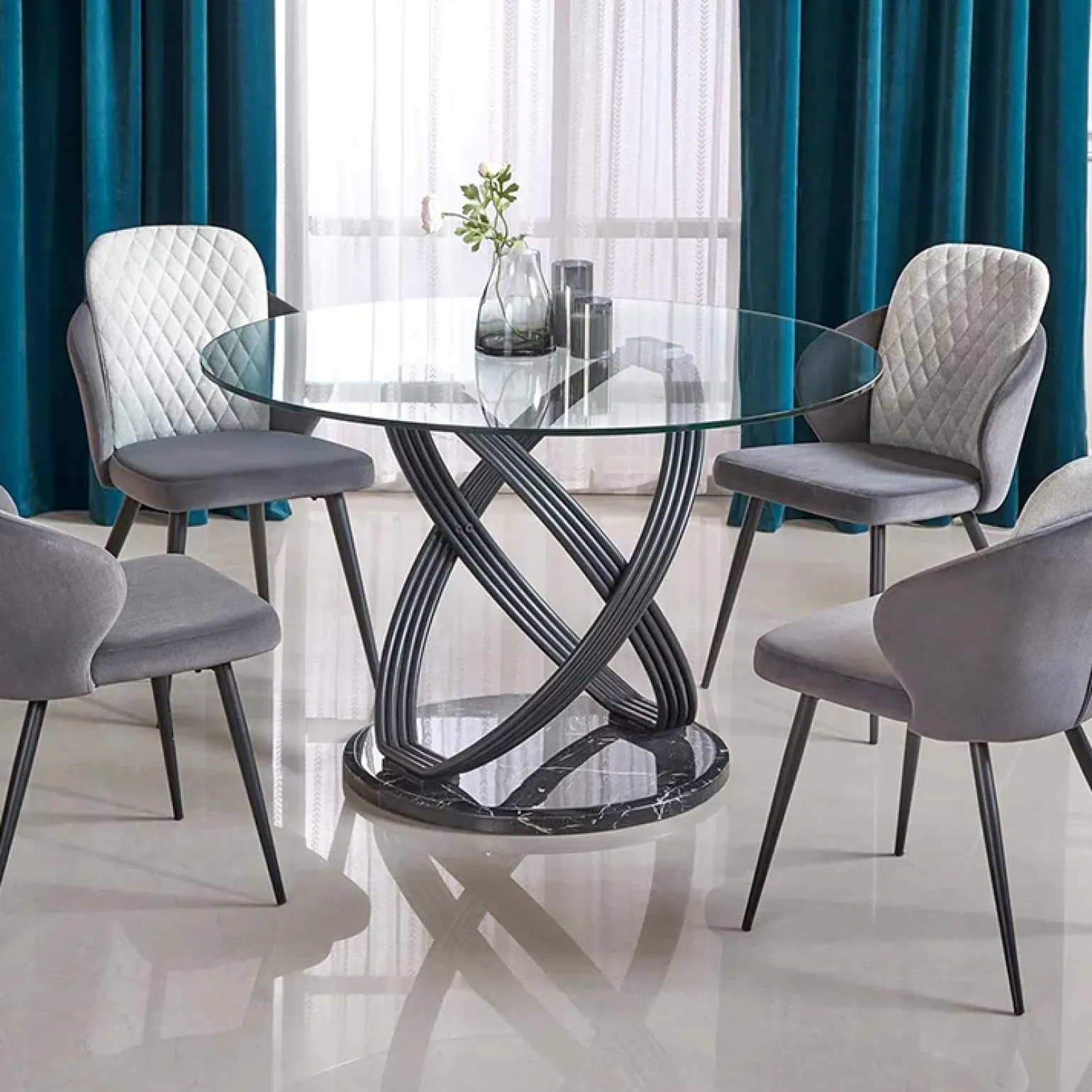 Tavolo 122x122cm da pranzo in vetro rotondo acciaio nero Arbil
