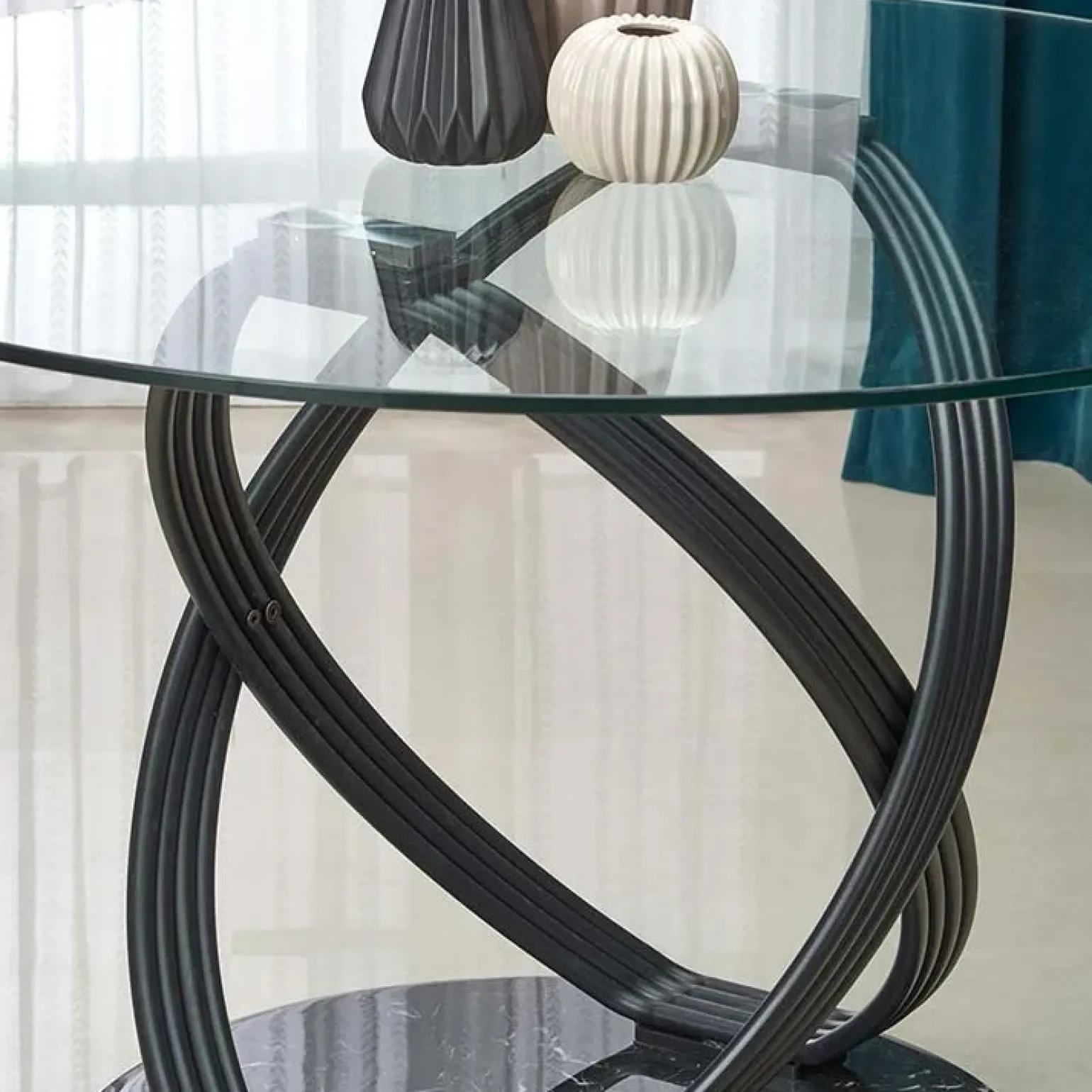 Tavolo 122x122cm da pranzo in vetro rotondo acciaio nero Arbil