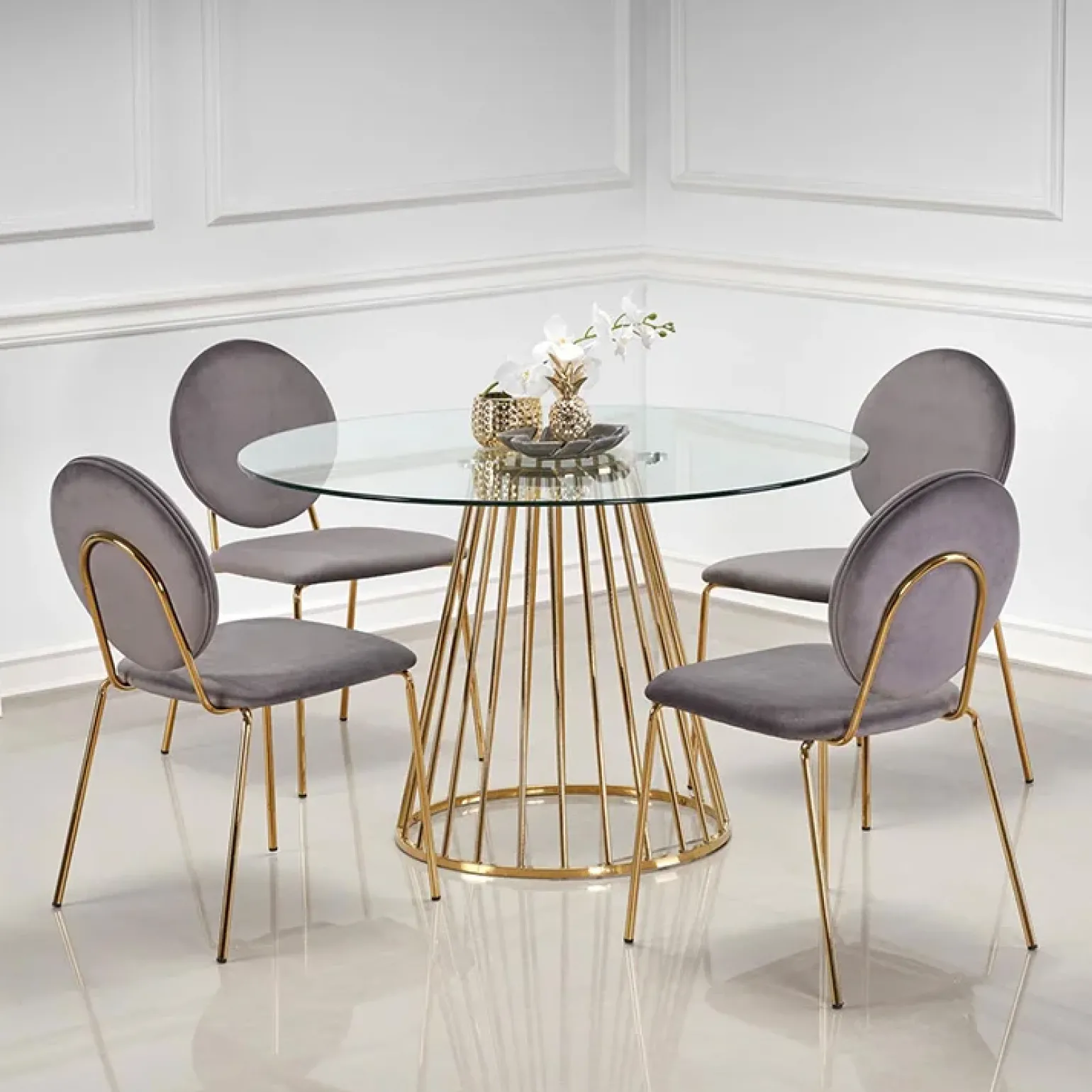 Tavolo 120x120cm rotondo in vetro acciaio cromato oro Kerman