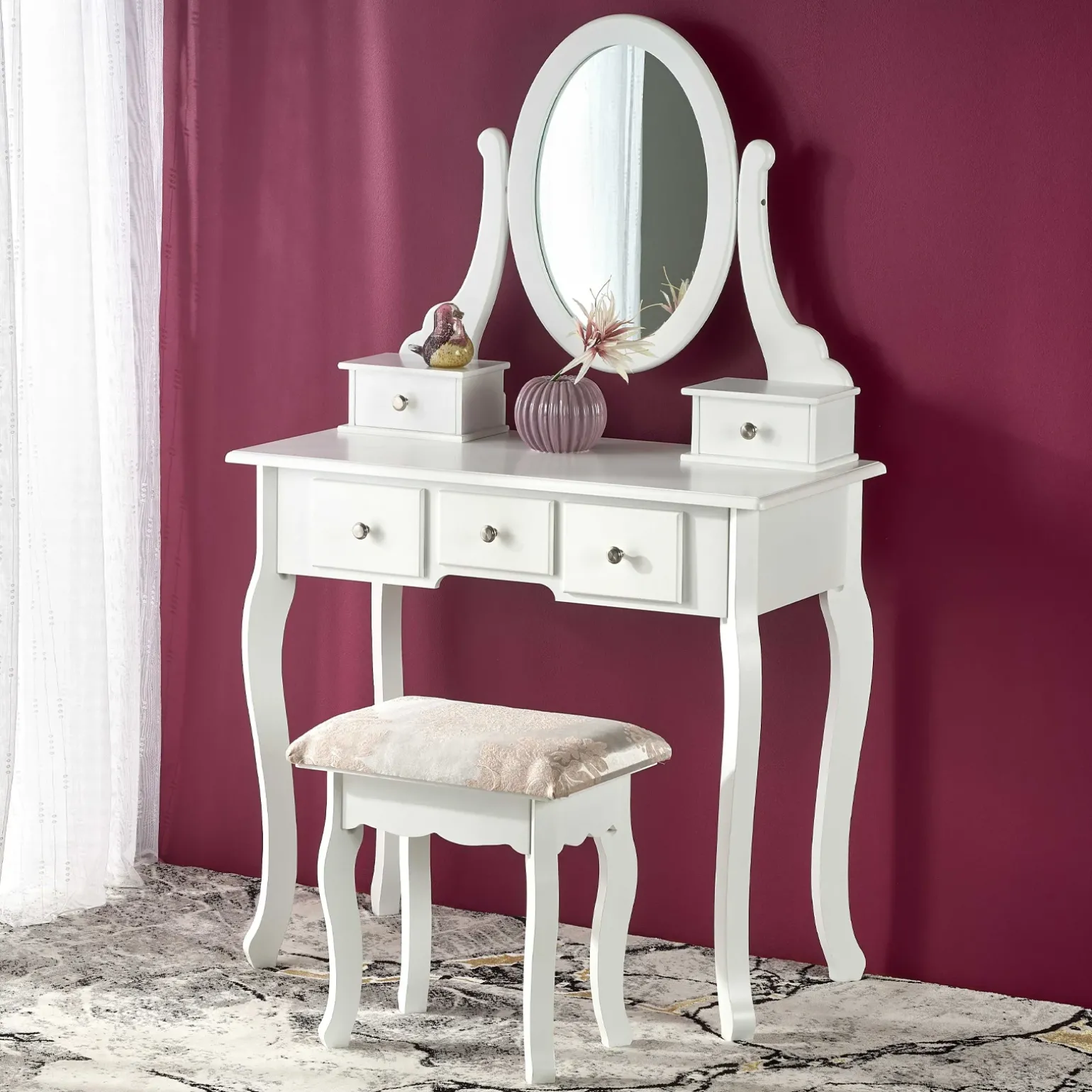Toeletta da trucco 80x130h cm con specchio e sgabello bianco Lyra