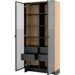 Vetrina alta 92x196h cm 2 ante vetro 4 cassetti interni rovere nero Alabaster
