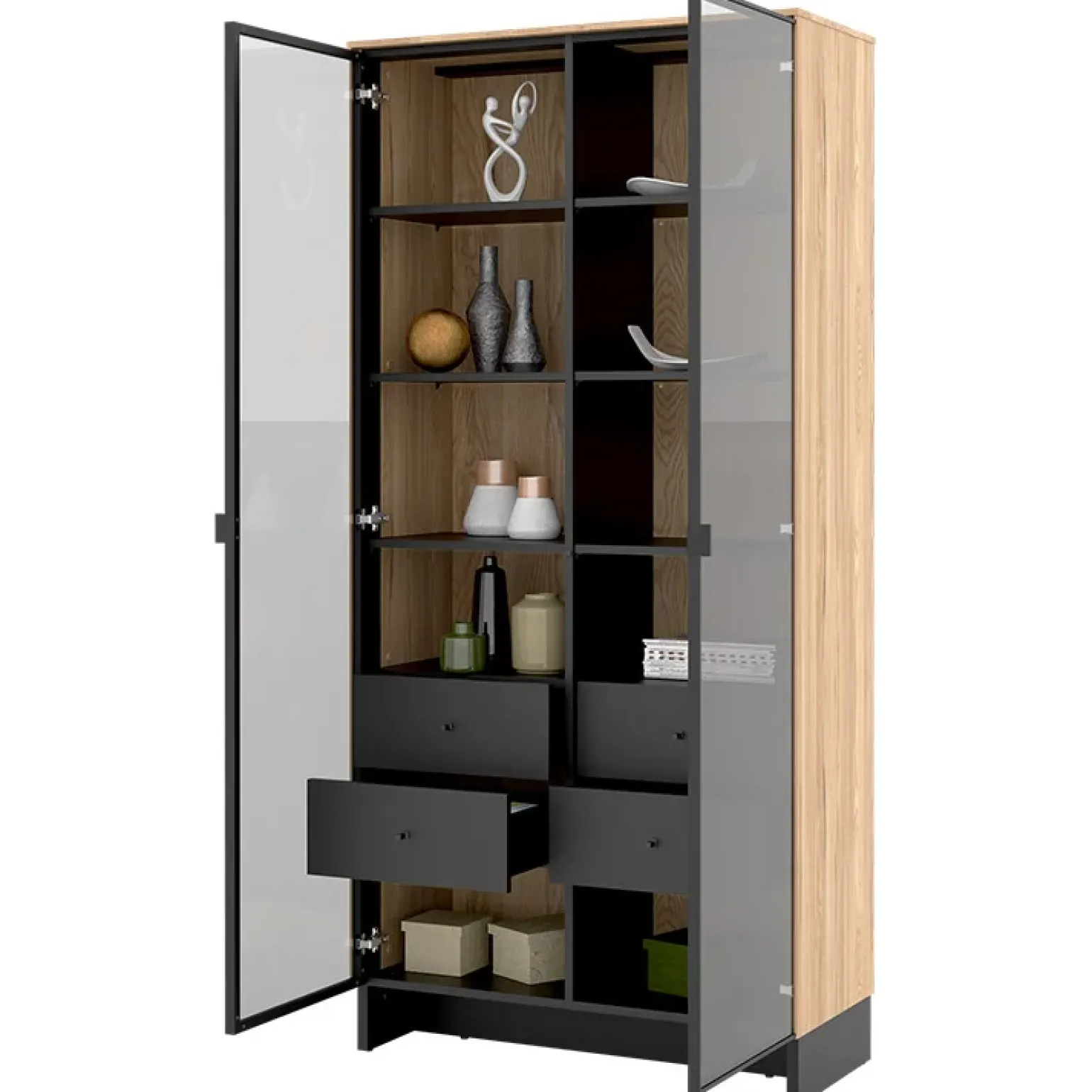Vetrina alta 92x196h cm 2 ante vetro 4 cassetti interni rovere nero Alabaster