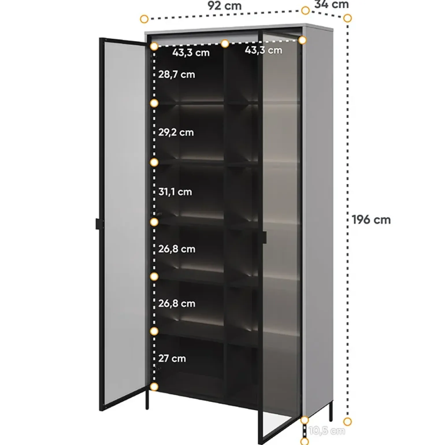 Vetrina alta 92x196h cm 2 ante led grigio nero Camelia