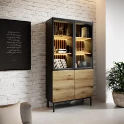 Vetrina alta 100x189h cm 4 ante con led nero opaco rovere Amel