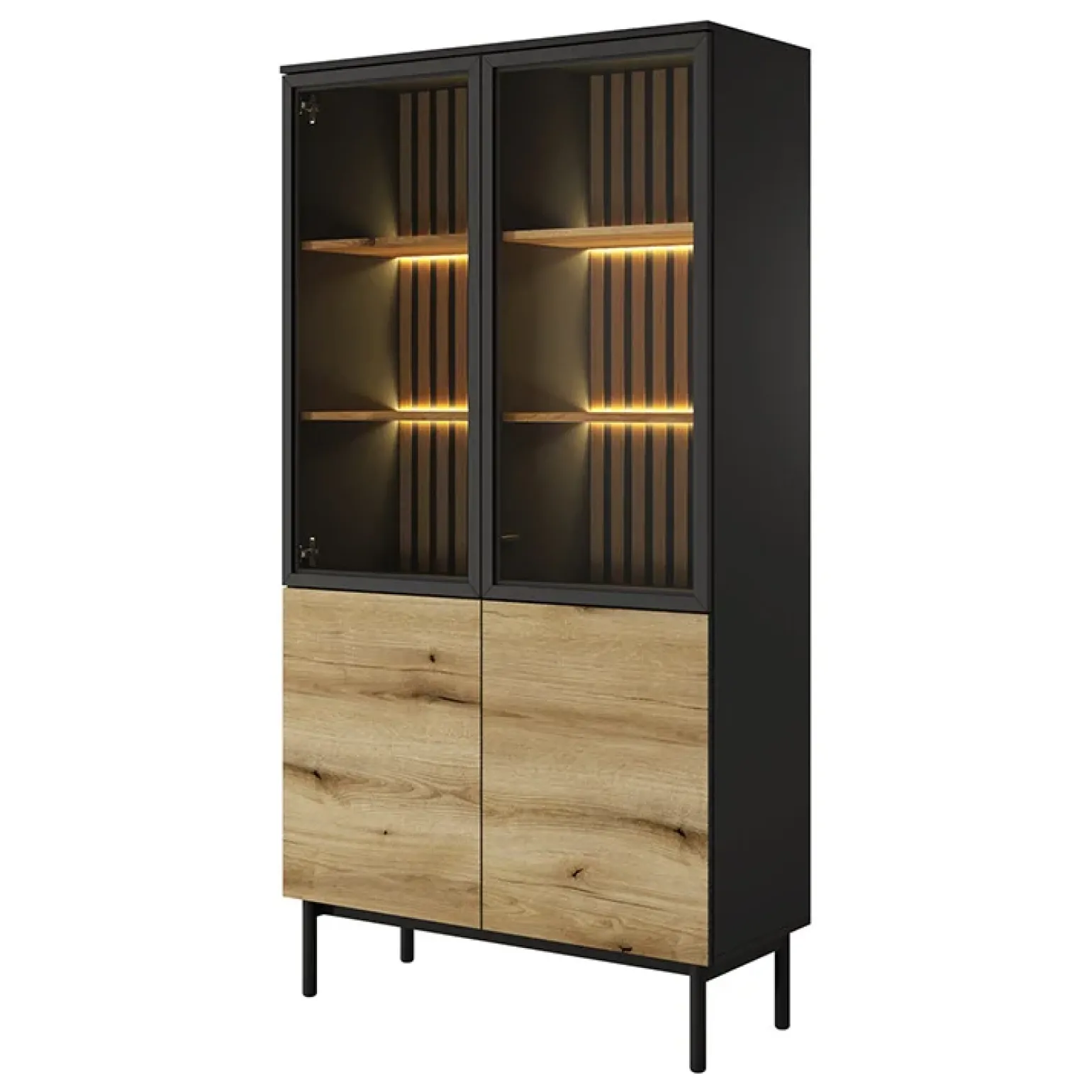 Vetrina alta 100x189h cm 4 ante con led nero opaco rovere Amel
