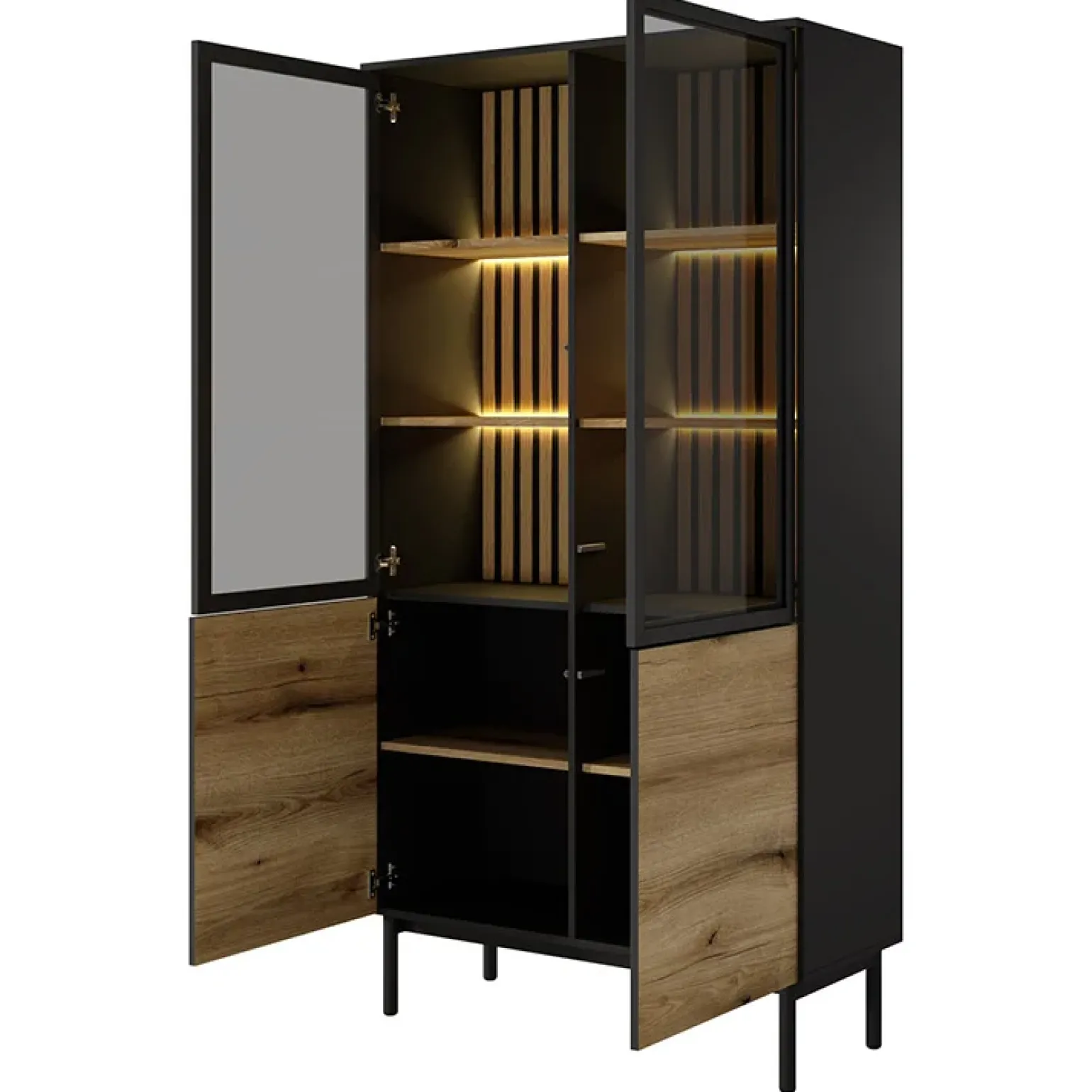 Vetrina alta 100x189h cm 4 ante con led nero opaco rovere Amel