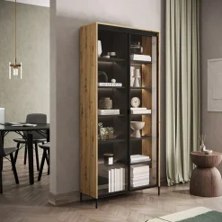 Vetrina alta 92x196h cm 2 ante led rovere rustico nero Camelia