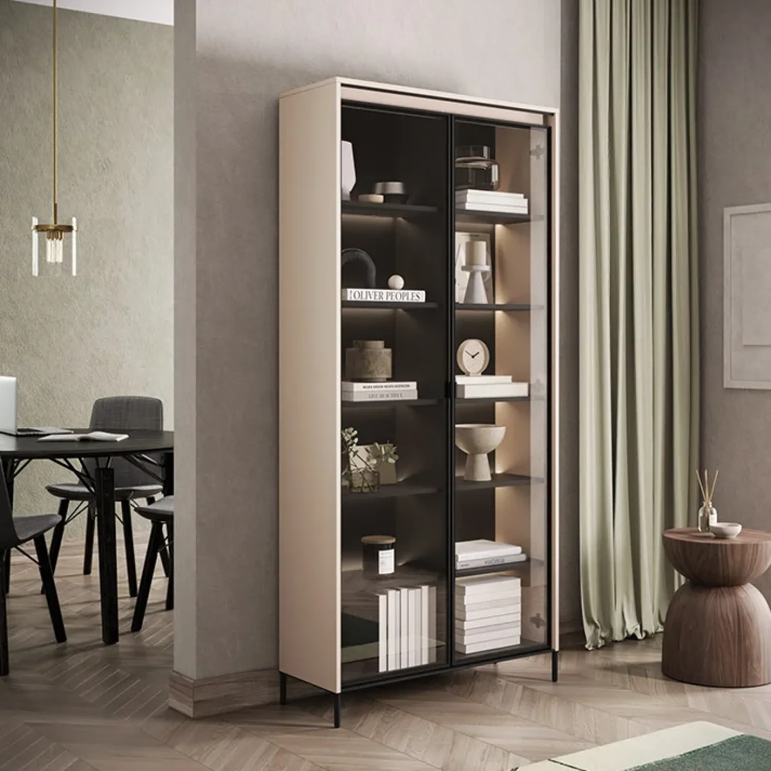 Vetrina alta 92x196h cm 2 ante led beige nero Camelia