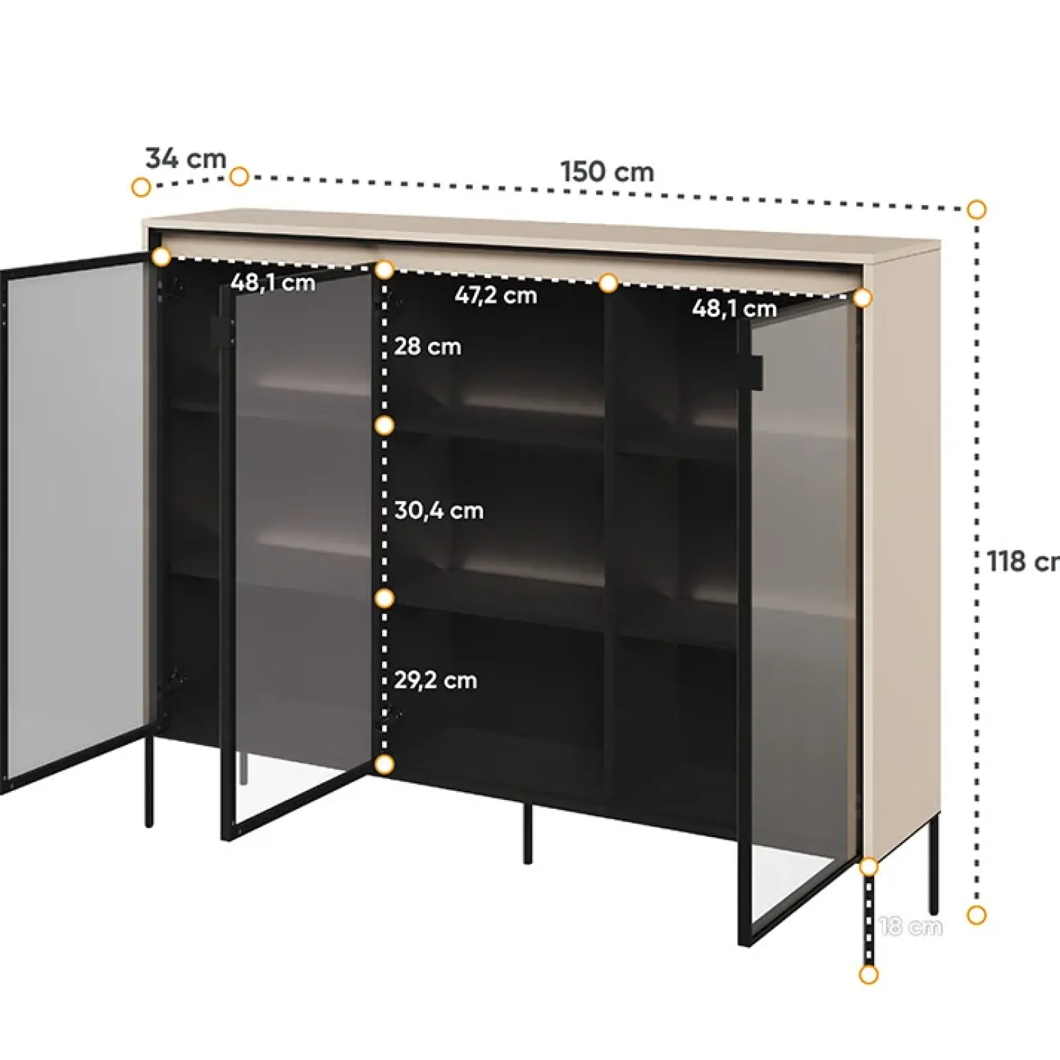 Vetrina bassa 150x118h cm 3 ante led beige nero Camelia
