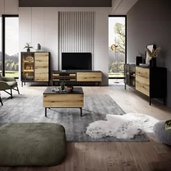 Vetrina bassa 100x126h cm 3 ante con led nero opaco rovere Amel