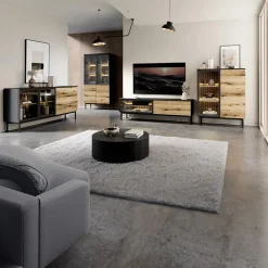 Vetrina bassa 100x126h cm 3 ante con led nero opaco rovere Amel