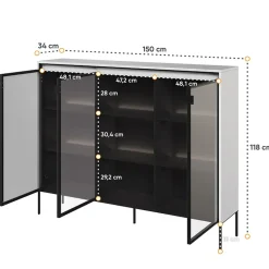 Vetrina bassa 150x118h cm 3 ante led bianco opaco nero Camelia