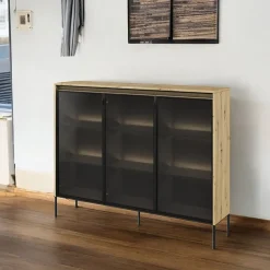 Vetrina bassa 150x118h cm 3 ante led rovere rustico nero Camelia
